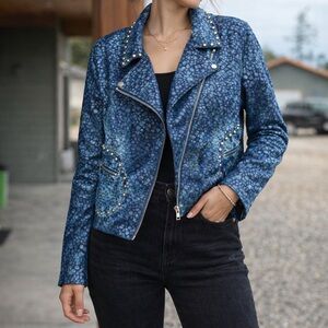 Moon Collection Blue Snakeskin Print Moto Jacket Studded Zip Up Statement Large